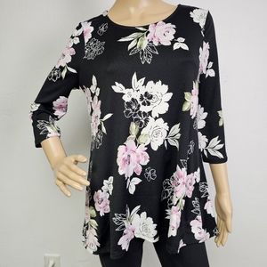 Croft & Barrow Tunic Black Floral 3/4 Sleeve Poly Knit Size S Casual Datenight